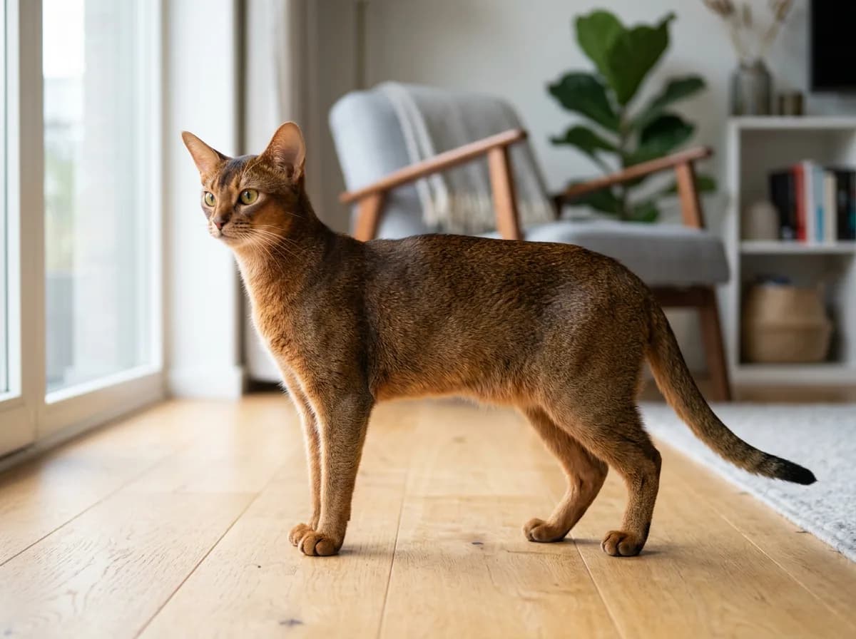 A ruddy Abyssinian cat standing in profile on a wooden floor, its warm reddish-brown ticked coat, lithe muscular body, large pointed ears, and alert almond eyes clearly visible