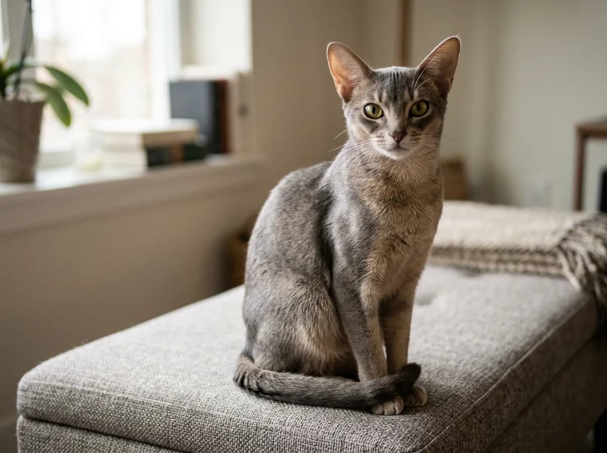 A blue Abyssinian cat sitting upright, showing a soft warm slate-grey ticked coat with beige undertones, large ears, and golden eyes