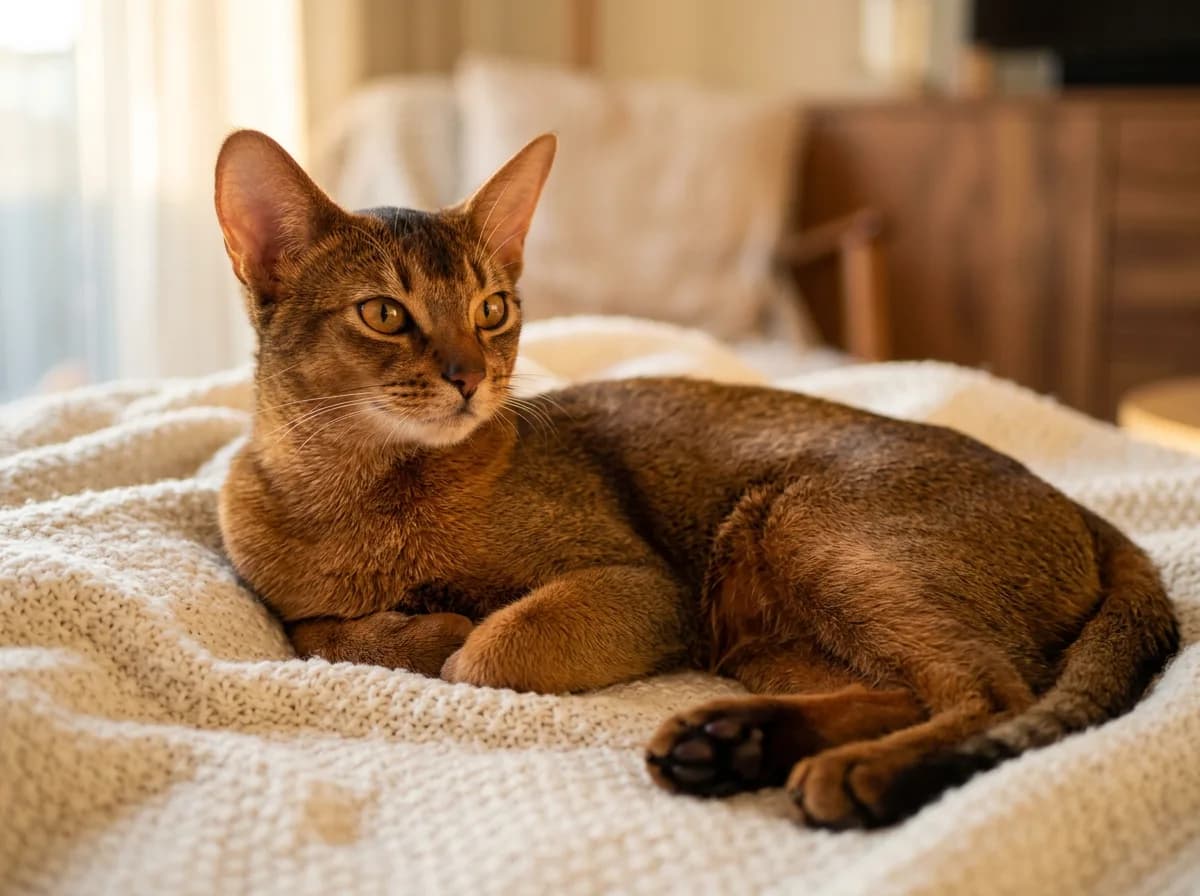A red or cinnamon Abyssinian cat lying down, its warm coppery sorrel ticked coat and chocolate-brown nose visible in warm light