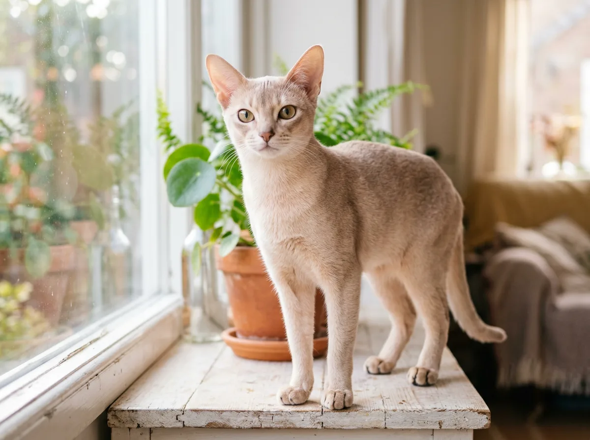 A fawn Abyssinian cat standing on a windowsill, showing a pale warm cream-beige ticked coat with rosy undertones