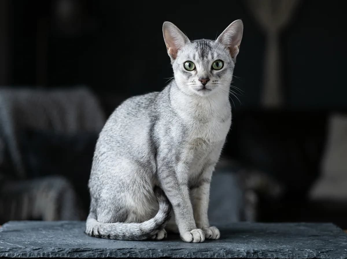 A silver Abyssinian cat sitting alert, its cool silvery-white base coat with darker ticking giving a sparkling sheen