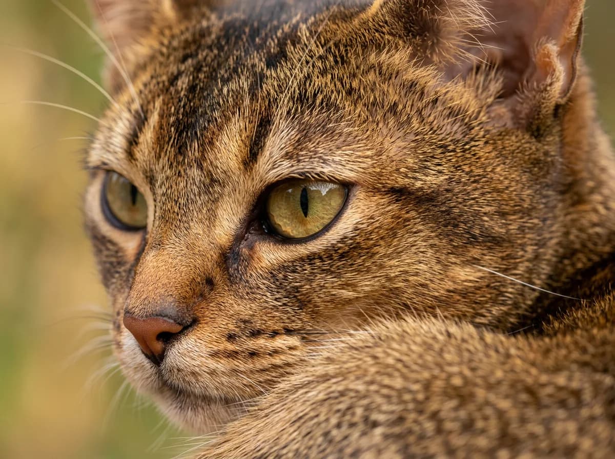 Extreme close-up of an Abyssinian cat's face and shoulder showing the ticked agouti banded coat texture, the dark eyeliner markings, and the faint M shape on the forehead