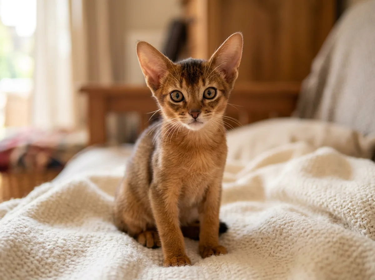 A young ruddy Abyssinian kitten with big ears and an inquisitive expression, its ticked coat still developing