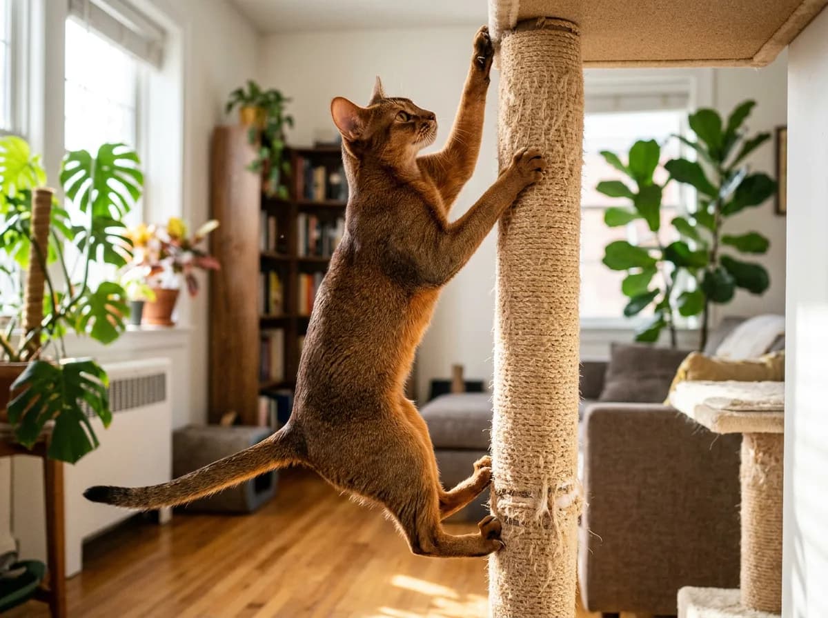 A ruddy Abyssinian cat in mid-leap climbing a tall cat tree, body stretched and athletic, illustrating the breed's high energy