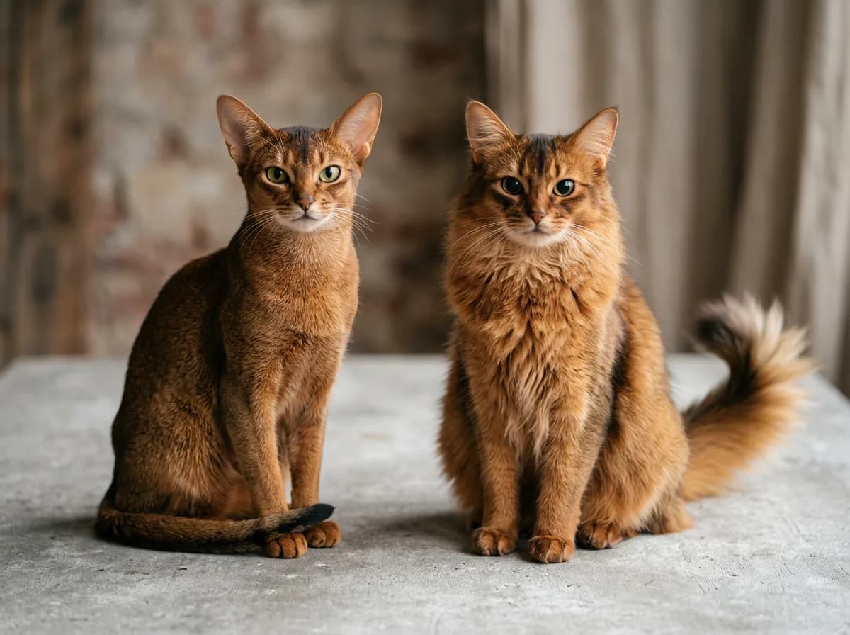 A ruddy Abyssinian cat and a longhaired ruddy Somali cat sitting side by side, showing the short ticked coat versus the long plumed coat of the two related breeds