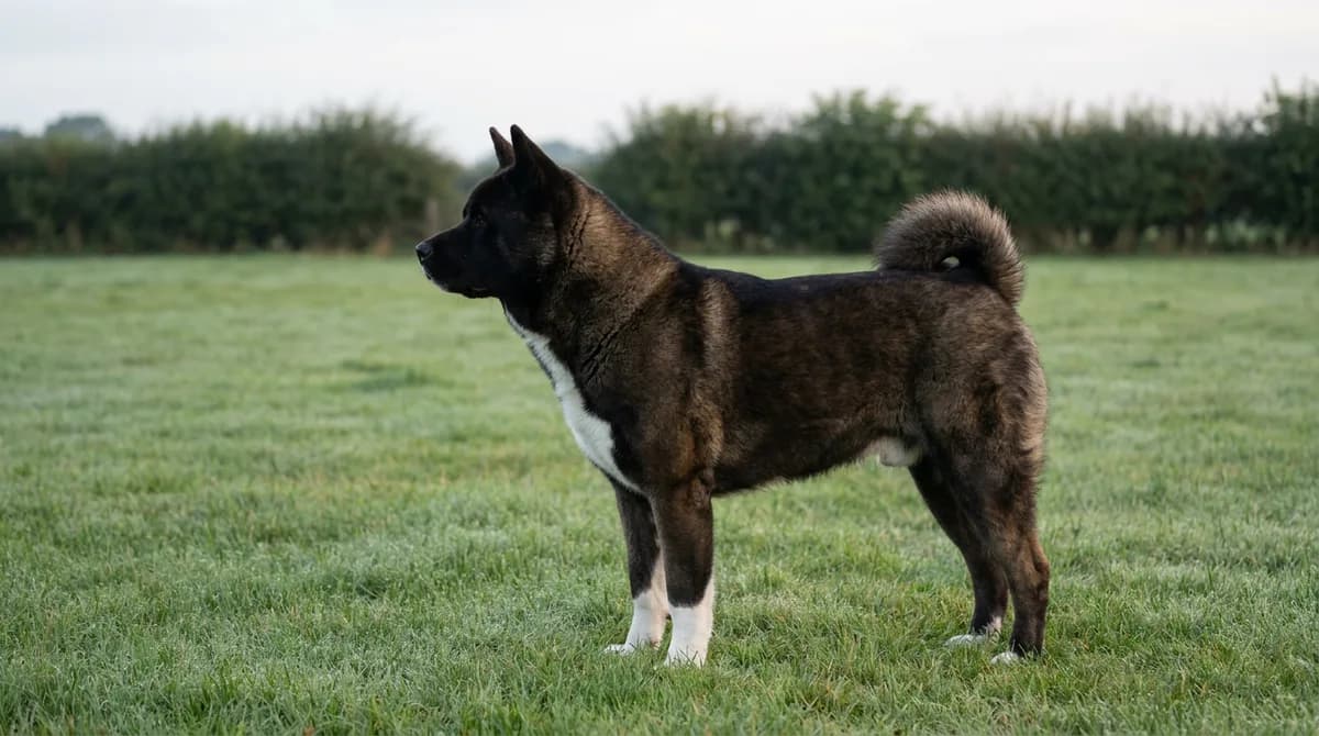 Adult Akita standing in side profile on a level lawn.