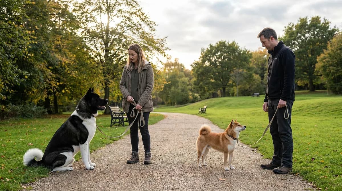 American Akita and red Shiba Inu beside separate handlers on a park path.