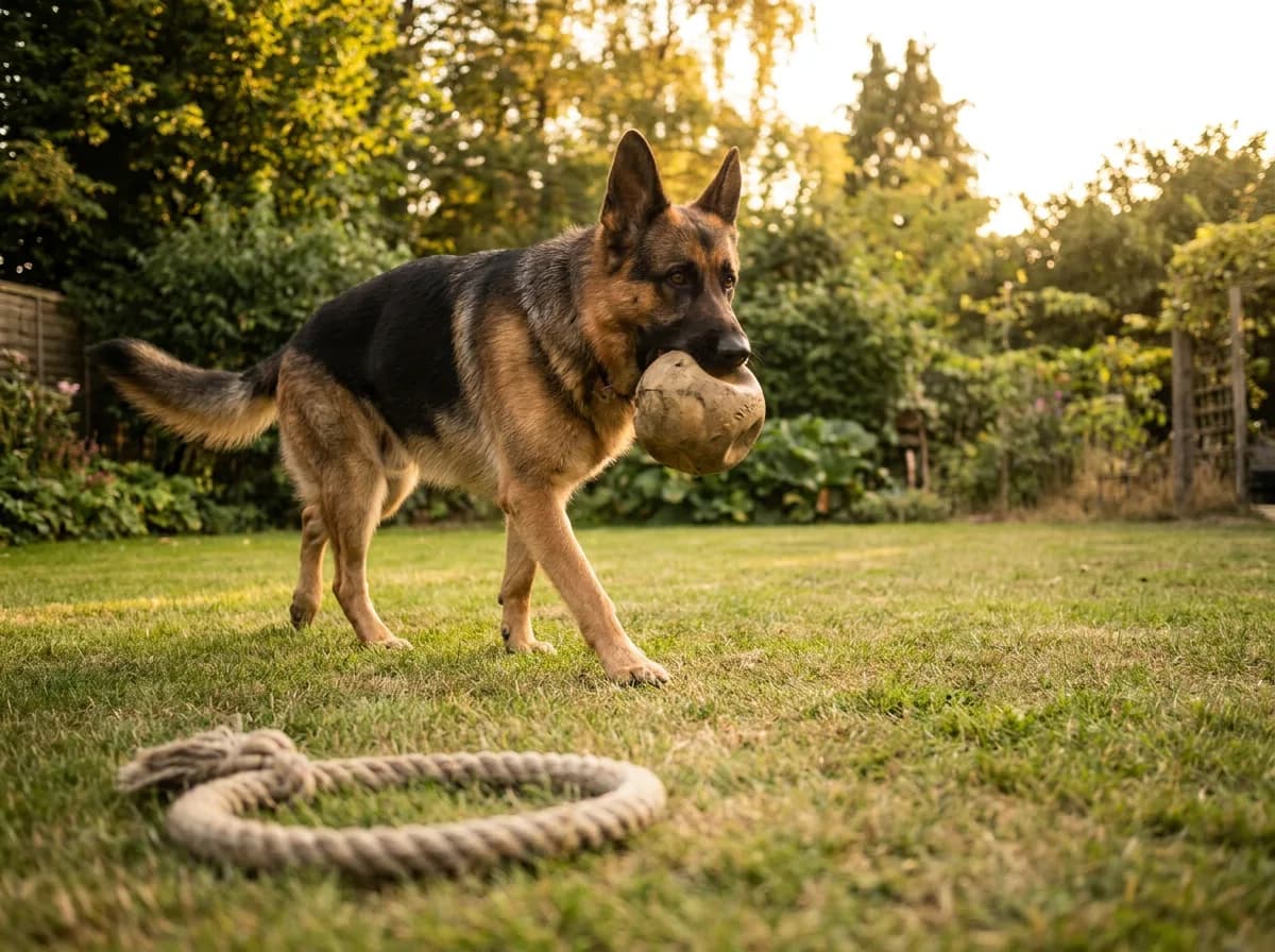 German Shepherd carrying a ball across a lawn, with a rope loop in the foreground.