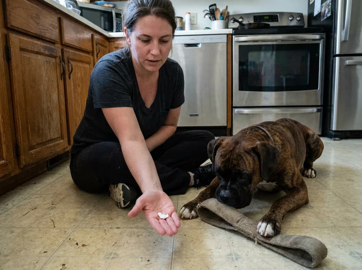 Woman sitting beside a brindled dog with a bone-shaped chew toy.