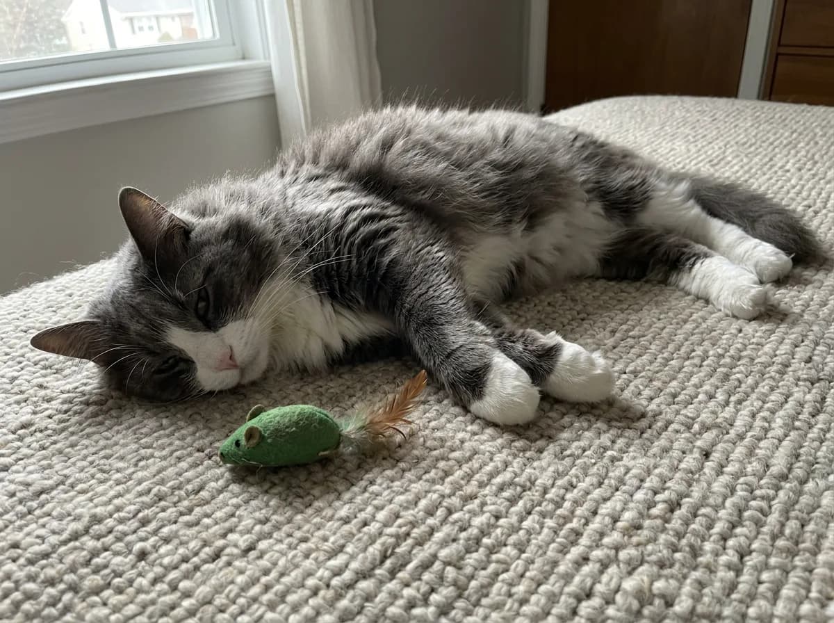A gray and white cat lying drowsily on a wool rug next to a green catnip mouse toy.