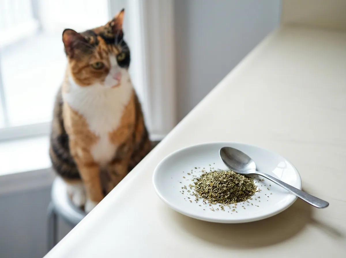 A calico cat watching a small pile of dried catnip and a teaspoon on a white saucer.