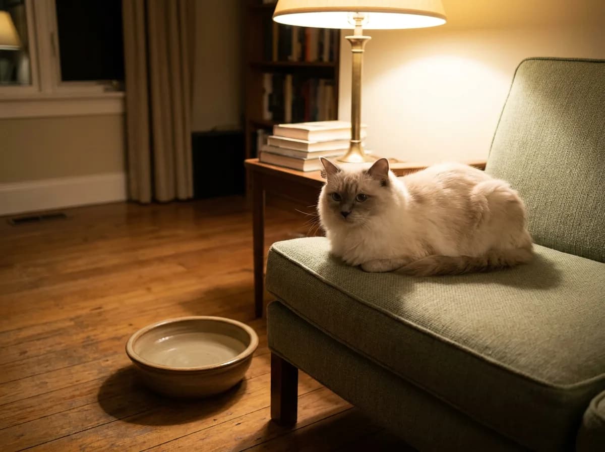A cream Ragdoll cat resting on a green armchair in a lamp-lit room with a water bowl on the floor nearby.