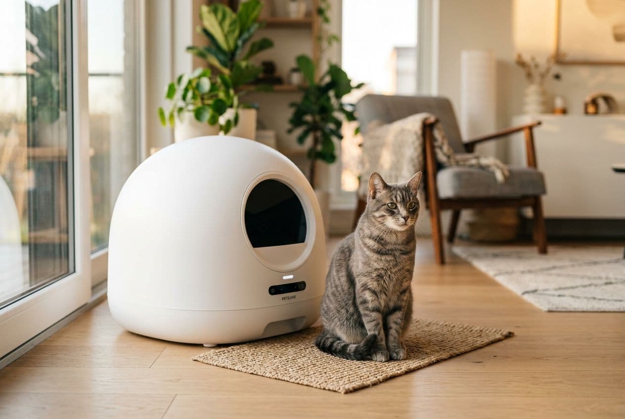 Grey tabby cat sitting peacefully beside a modern white domed automatic self-cleaning litter box in a warm sunlit modern home