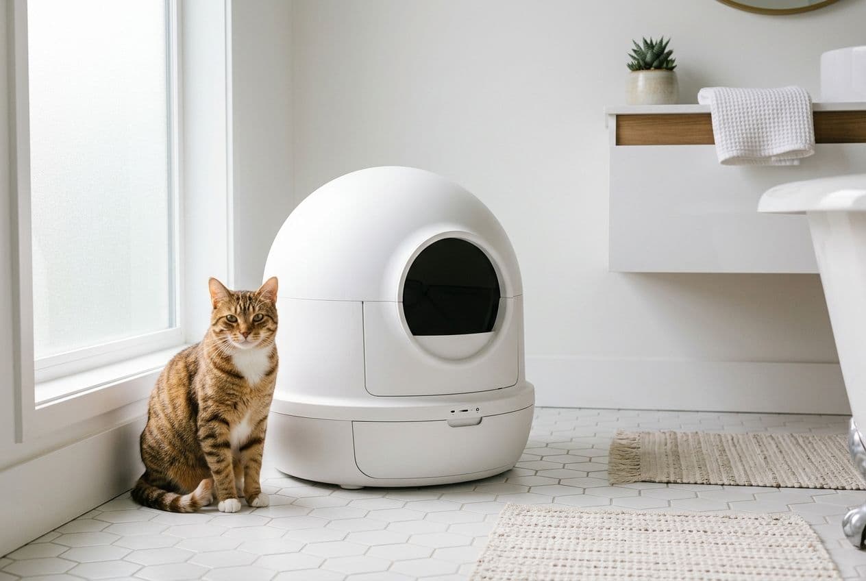 Modern white domed automatic self-cleaning cat litter box with a tabby cat sitting beside it in a sunlit modern bathroom