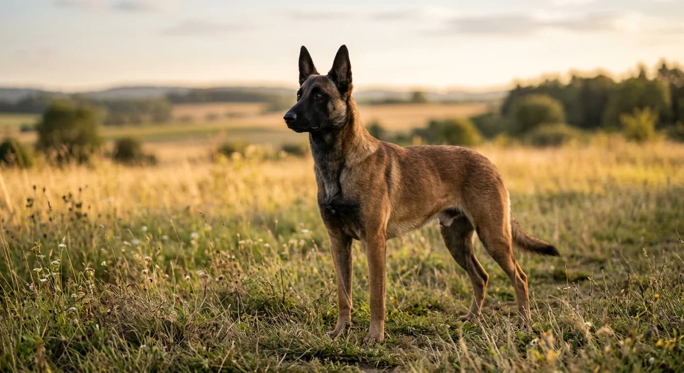 An adult Belgian Malinois standing alert in a sunlit grassy field