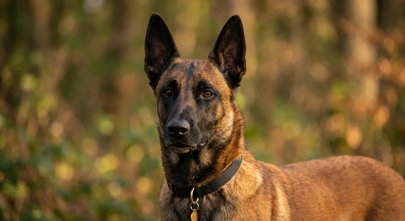 Tight portrait of a Belgian Malinois showing the black mask and mahogany coat
