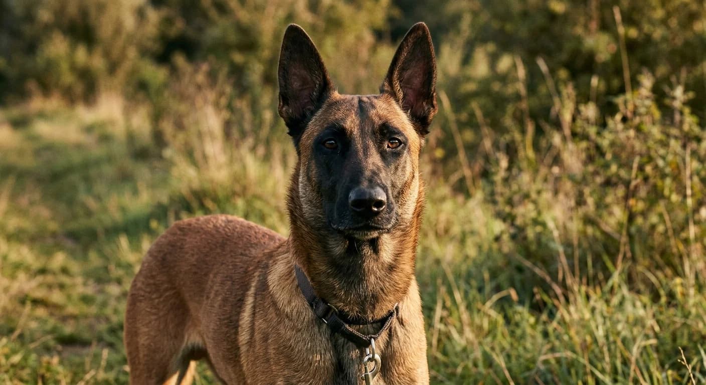 A Belgian Malinois showing the breed's mahogany coat, black mask, and pricked ears