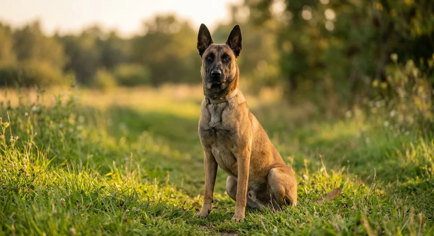 An adult Belgian Malinois sitting alert with focused intelligent expression