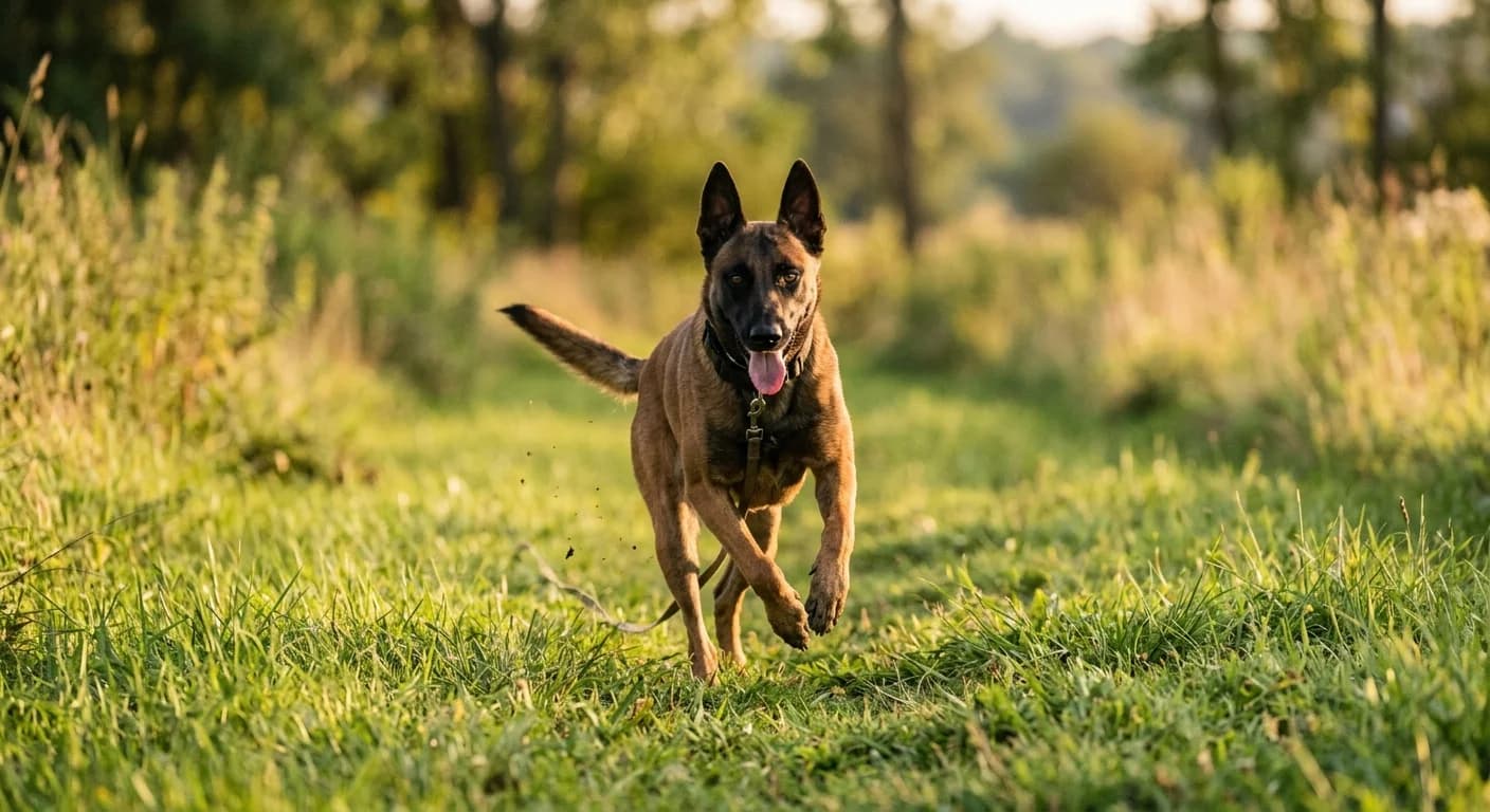 A Belgian Malinois mid-action during obedience training