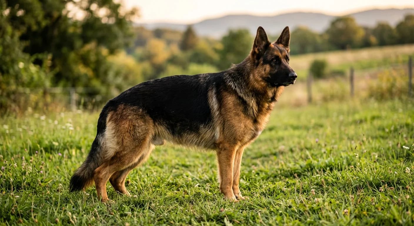 An adult black-and-tan German Shepherd standing on grass, full body in profile
