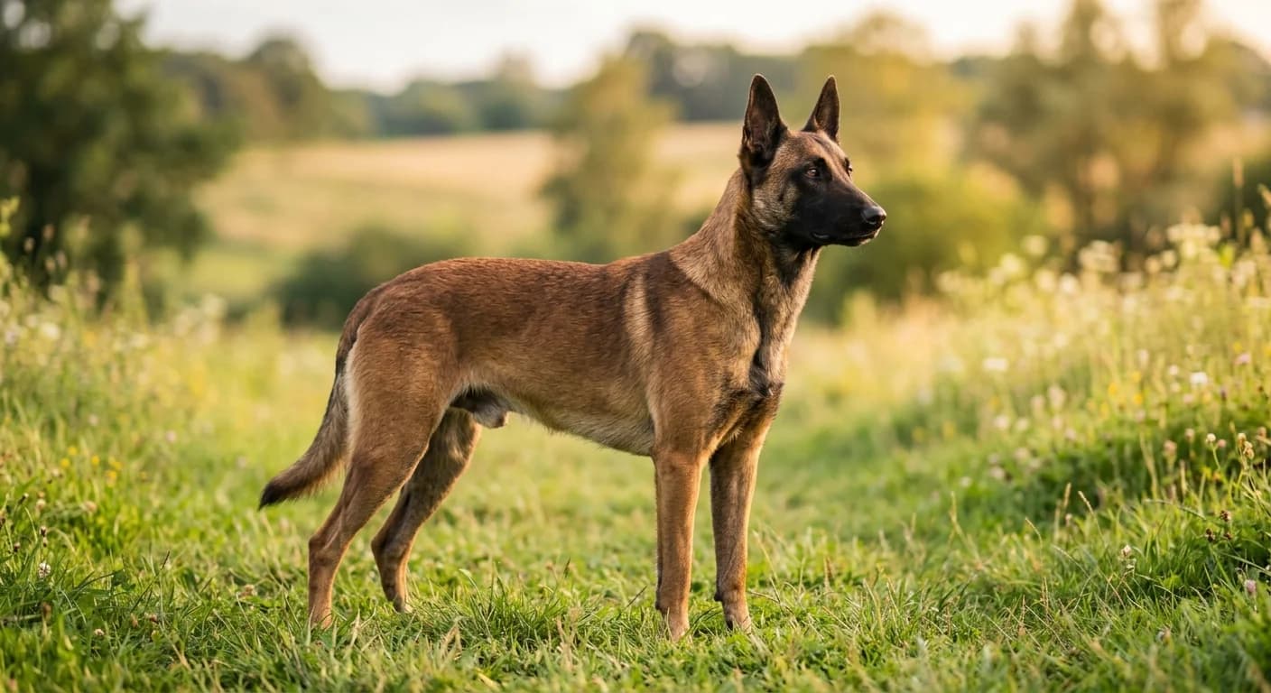 An adult Belgian Malinois standing on grass, full body in profile