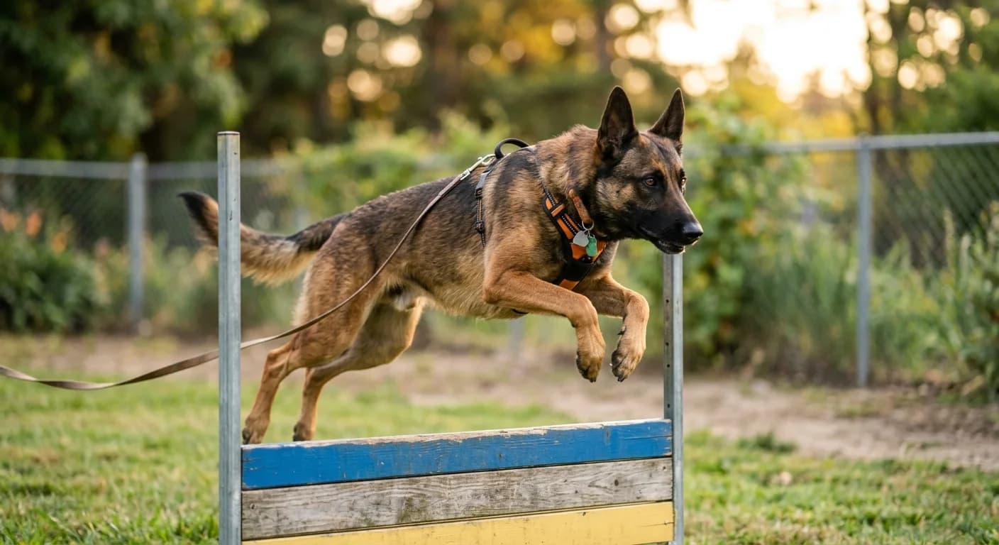 A Shepinois mid-stride leaping over an agility jump in a backyard