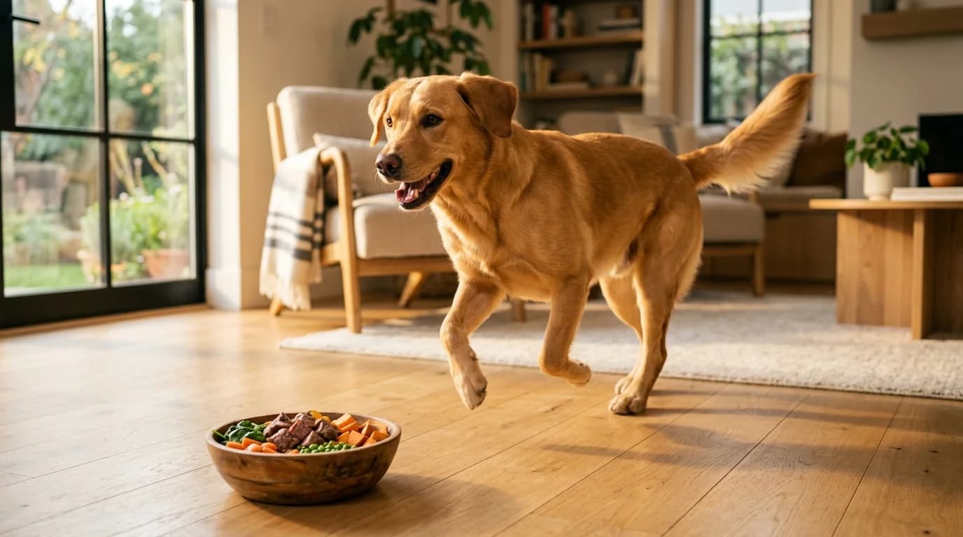 Energetic adult dog mid-bound in warm afternoon light beside a bowl of fresh diced meat and vegetables, illustrating the link between diet and dog energy levels