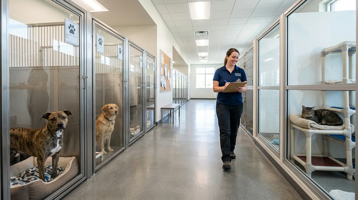 A clean modern animal shelter adoption floor with rows of kennels and a staff member walking through
