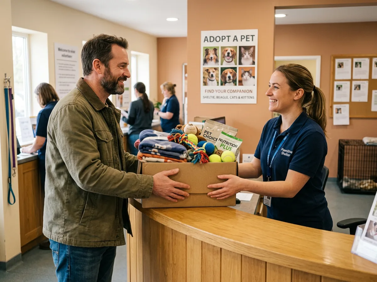A man donates a box of blankets, toys, and pet food to a smiling shelter staffer at the front desk