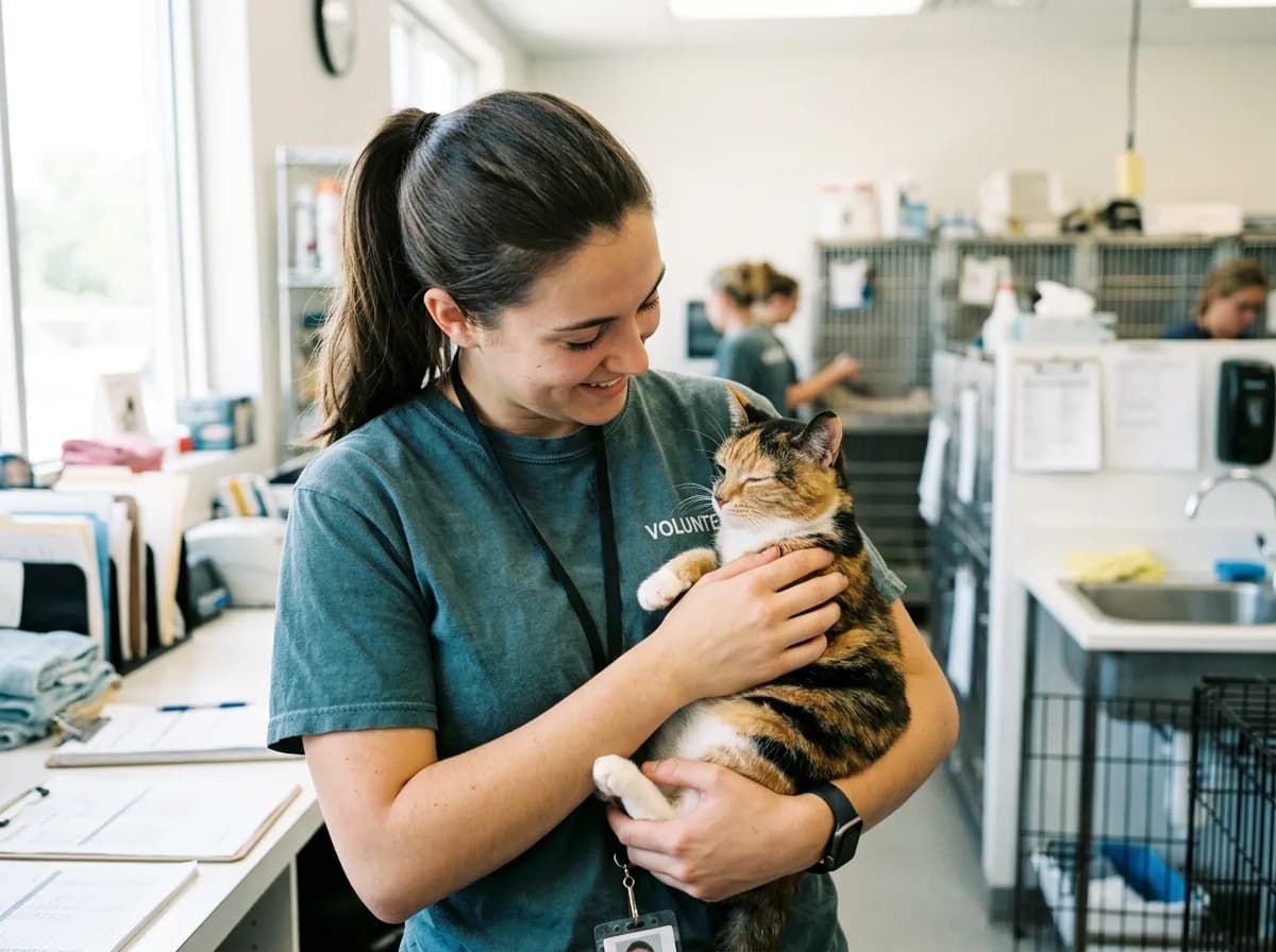 A shelter worker in a teal volunteer shirt gently holds a calm calico cat in a bright intake room