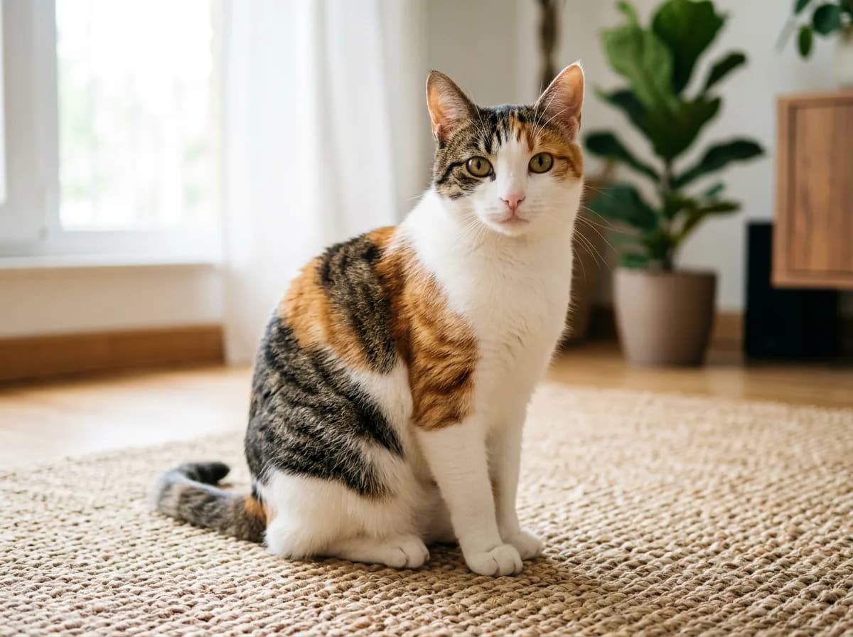Calico tabby cat with tabby striping visible inside its orange and brown-black patches on a white coat, sitting on a woven rug