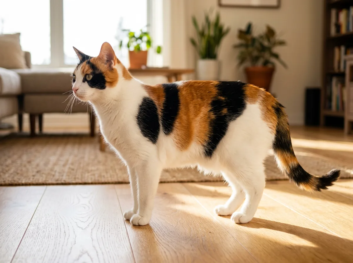 Standard calico cat with bold orange and black patches over a mostly white coat, standing in a sunlit room