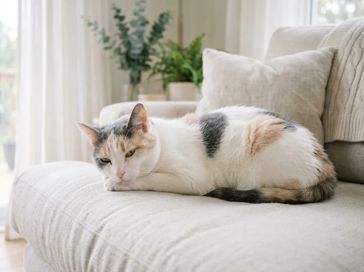 Dilute calico cat with soft blue-gray and cream patches on a white coat resting on a linen sofa
