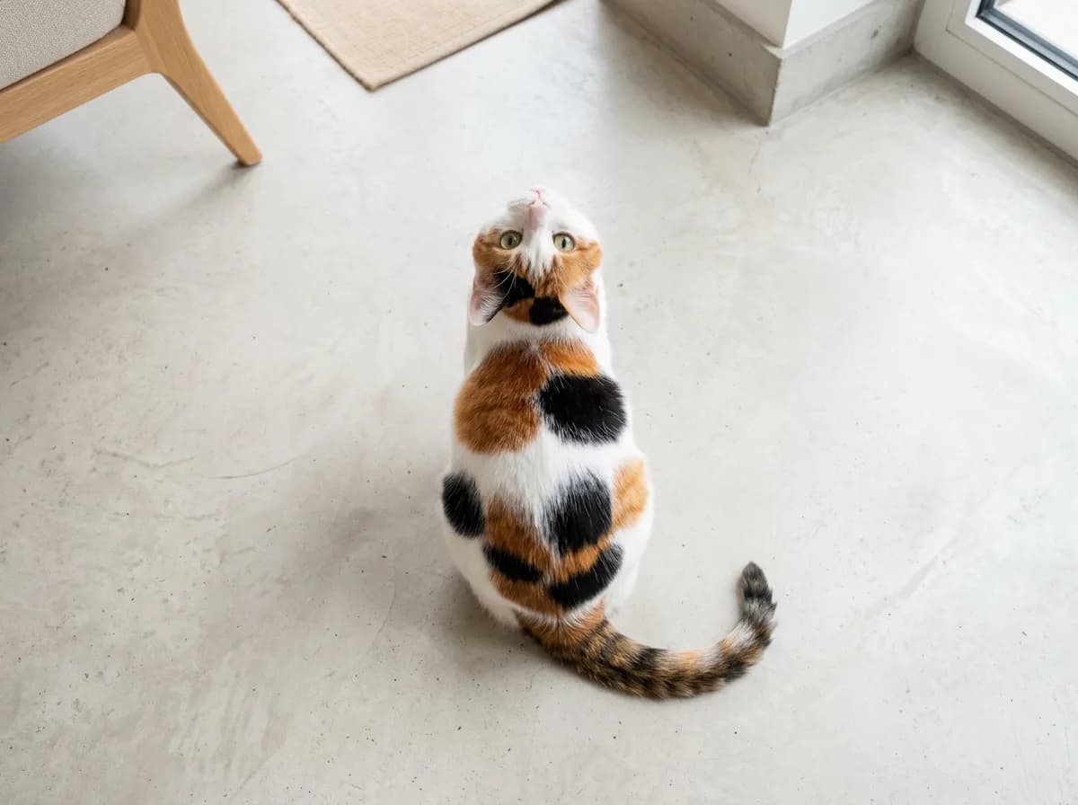 Mostly white cat with clearly separated orange and black patches viewed from above to show the pattern distribution