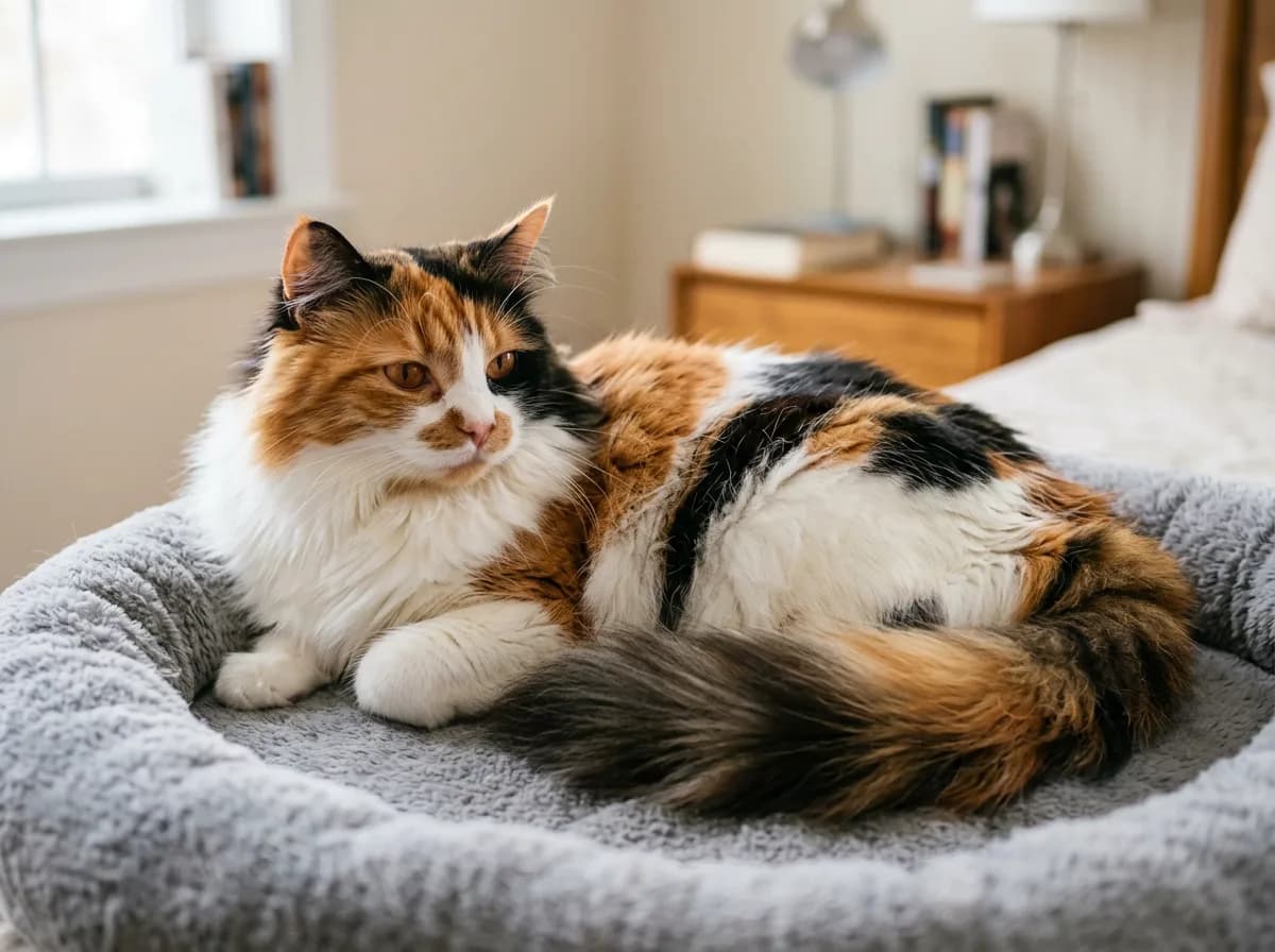 Long-haired calico cat with fluffy orange, black, and white fur and a plumed tail lying on a cat bed