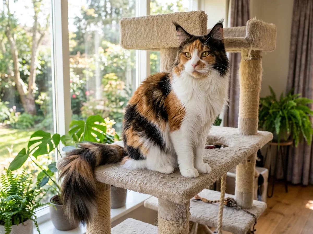 Calico Maine Coon cat with tufted ears and a long tricolor coat sitting on top of a carpeted cat tree