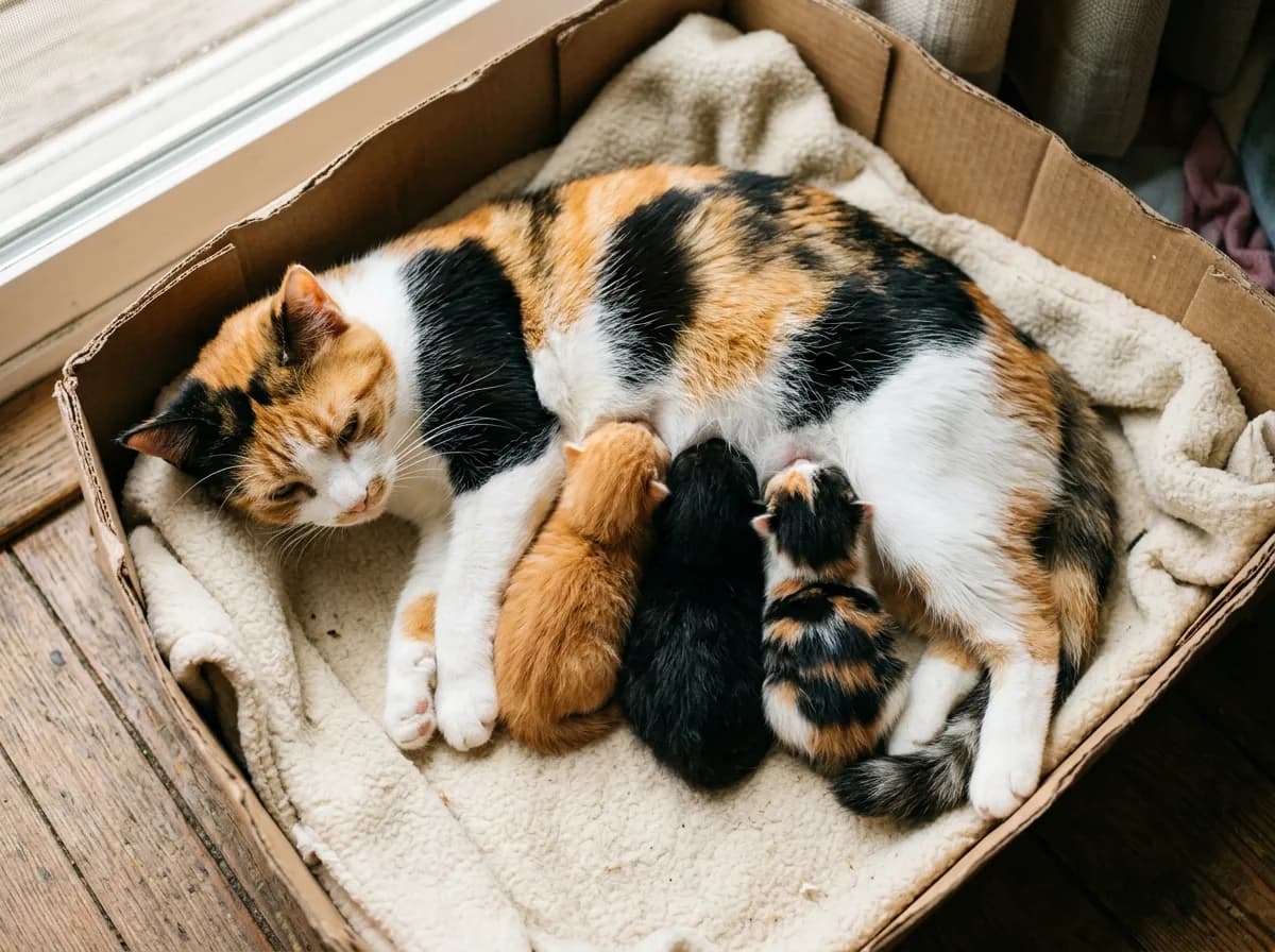 Calico mother cat nursing a litter of kittens with orange, black, and tricolor coats in a cozy nesting box