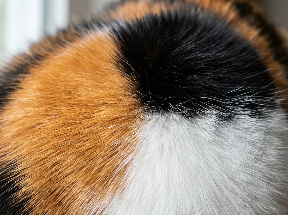Close-up of a calico cat's fur showing the sharp boundary between an orange patch, a black patch, and white fur