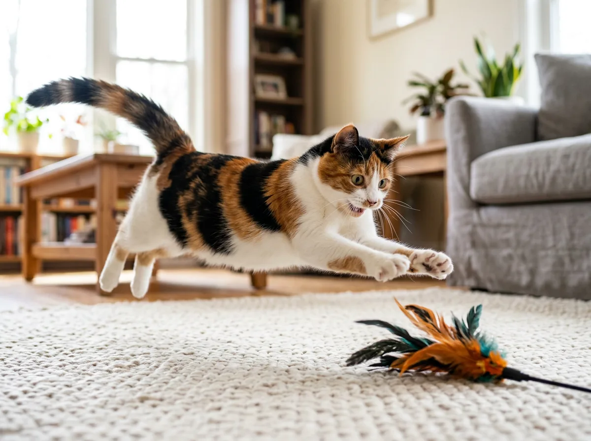 Calico cat mid-pounce chasing a feather wand toy across a living room rug