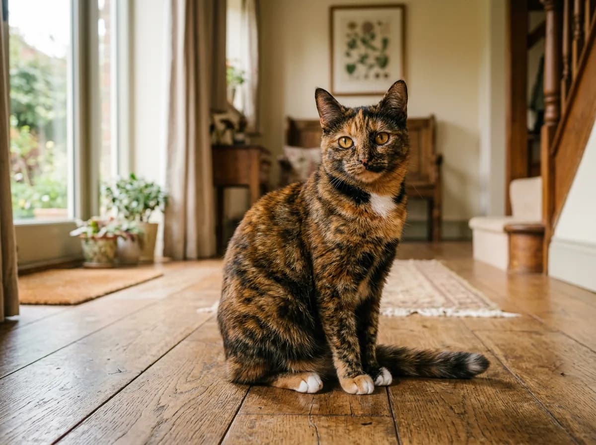 Tortico cat with tightly brindled orange and black fur and a small white chest patch sitting on a wooden floor