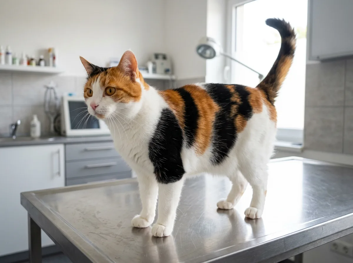 Rare male calico cat with bold orange, black, and white patches standing alert on a veterinary exam table