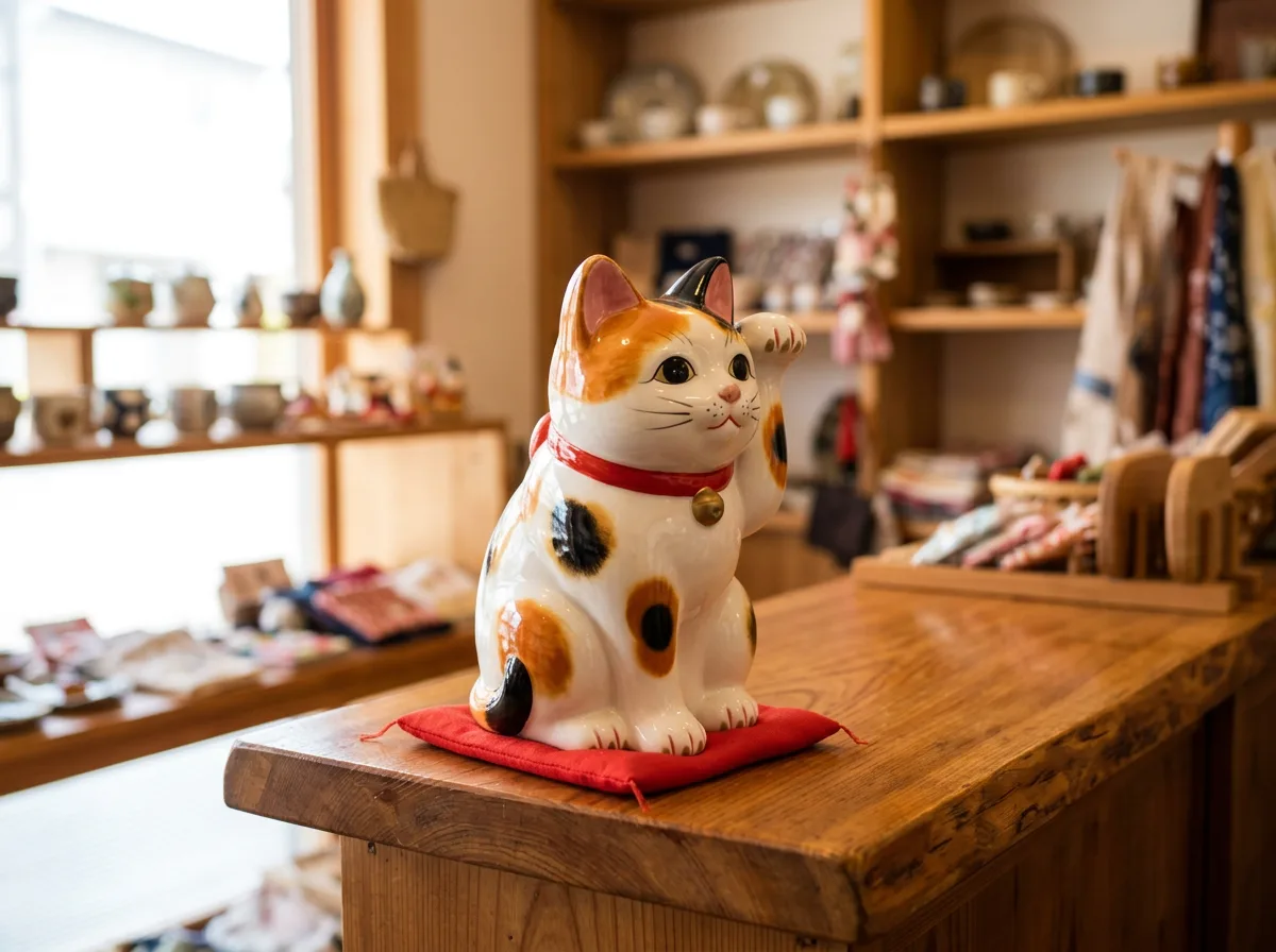 Ceramic maneki-neko beckoning cat figurine with calico markings raising one paw on a wooden shop counter