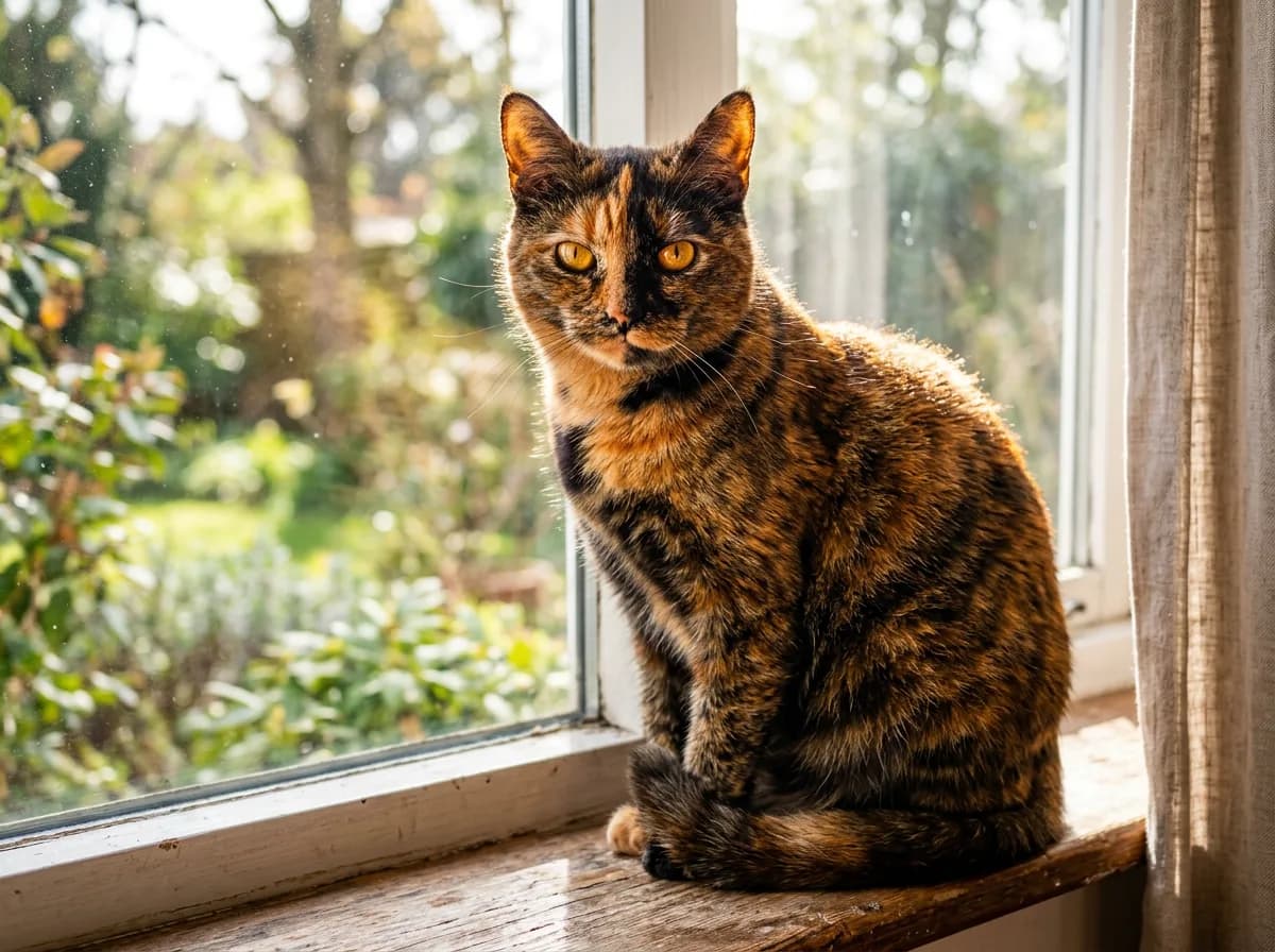 Tortoiseshell cat with interwoven orange and black fur and no white patches photographed beside a bright window