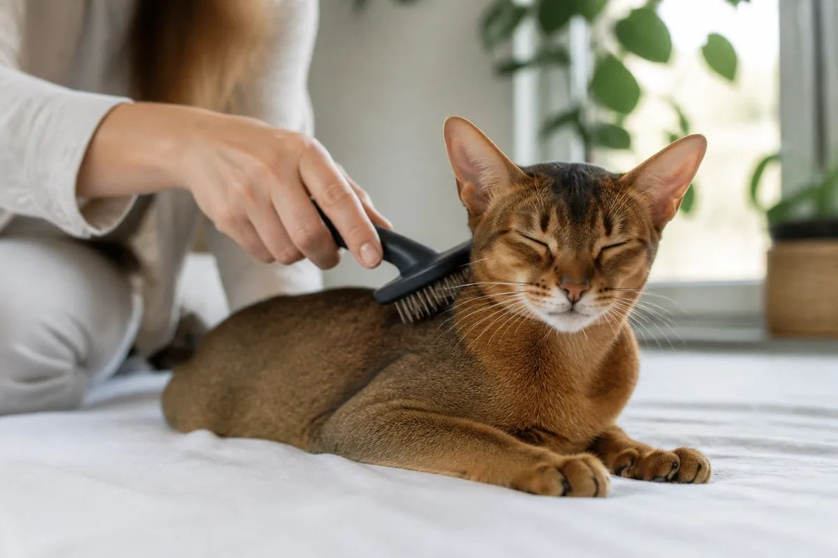 Owner gently brushing a relaxed short-coated ruddy Abyssinian in natural light