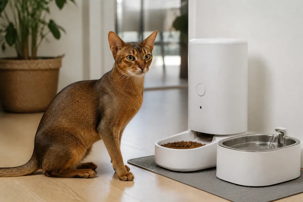 Ruddy Abyssinian near a measured automatic feeder and a separate fresh water station