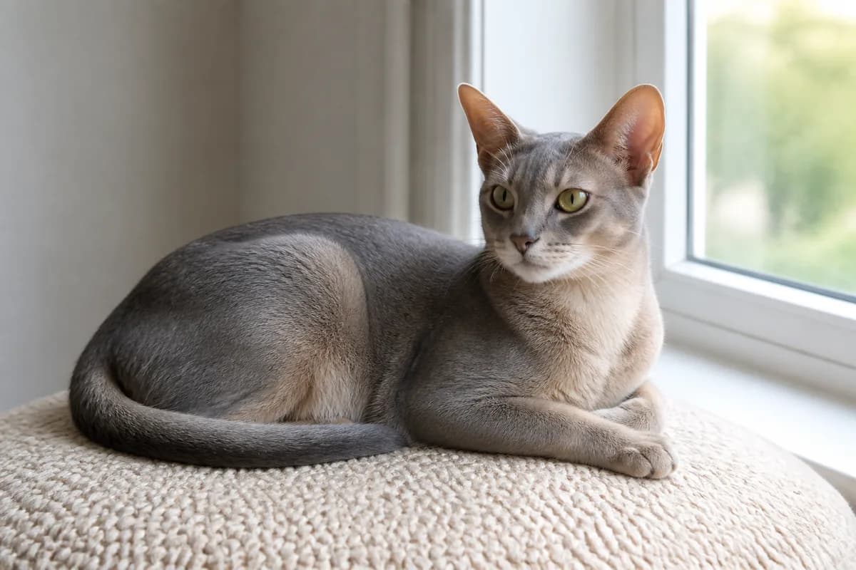 Blue Abyssinian in indirect daylight showing slate-blue ticking over a warm beige coat