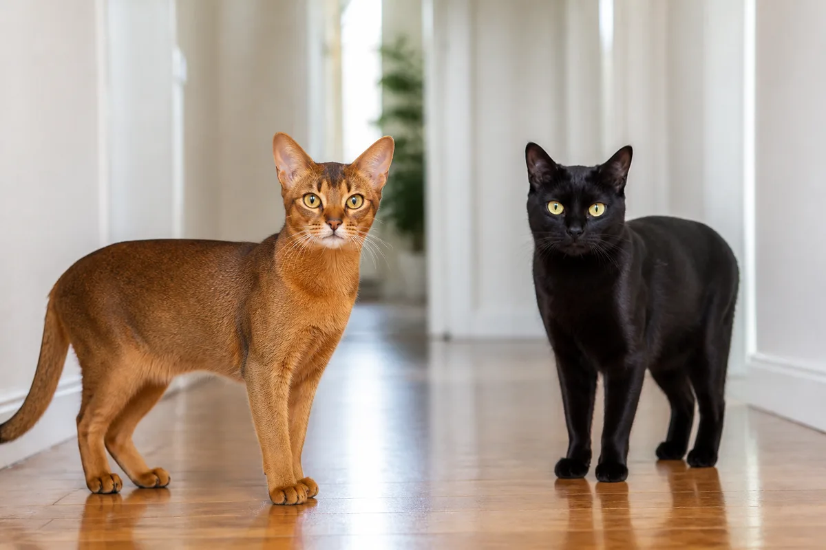 Ruddy Abyssinian beside a solid black Domestic Shorthair showing why coat color does not prove breed