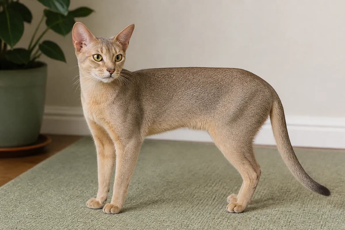 Fawn Abyssinian in neutral light showing cocoa ticking over a soft rose-beige ground color