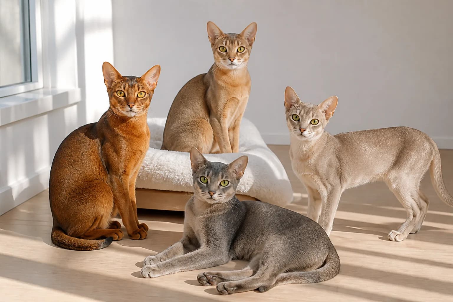 Four adult Abyssinian cats in ruddy, sorrel, blue and fawn arranged naturally in soft daylight