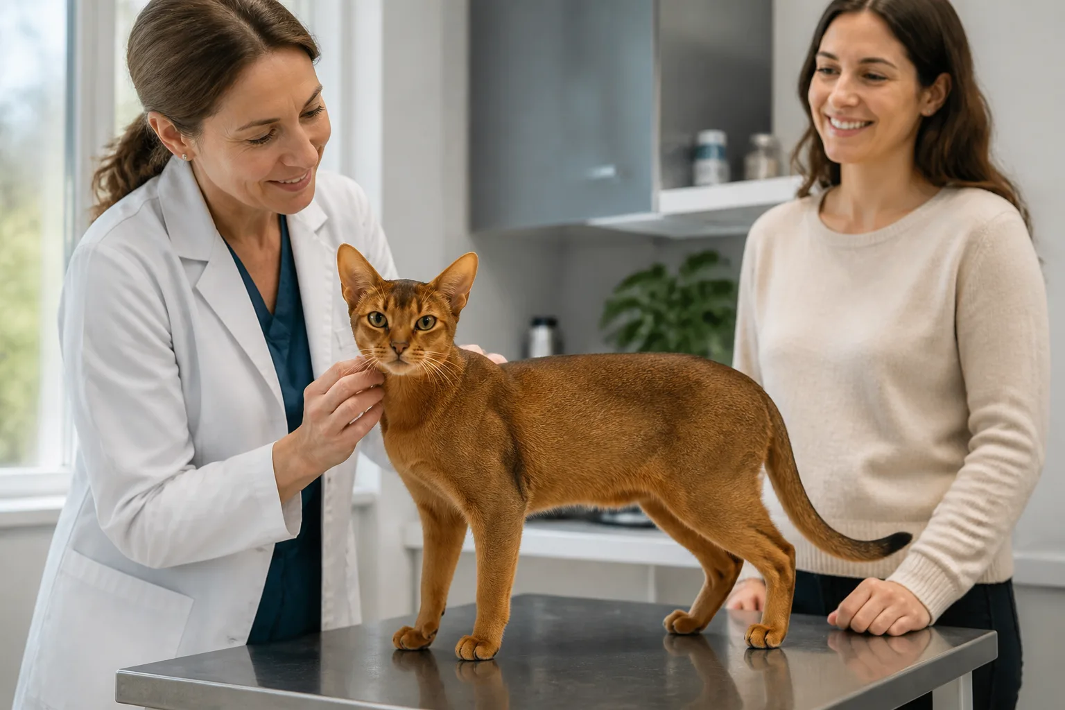 Adult ruddy Abyssinian standing calmly on a veterinary exam table while a veterinarian and owner remain nearby
